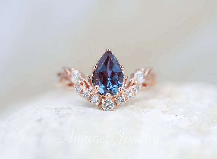 Pear shaped Chatham alexandrite engagement ring, leaf engagement ring, vintage ring, unique engagement ring - Amunet Jewelry