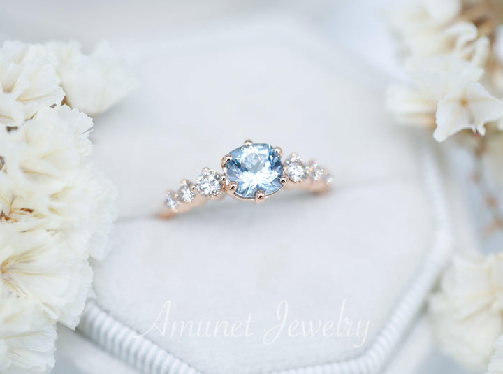 Aquamarine engagement ring, cushion aquamarine ring, diamond cluster ring - Amunet Jewelry