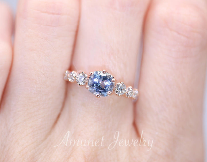 Aquamarine engagement ring, cushion aquamarine ring, diamond cluster ring - Amunet Jewelry