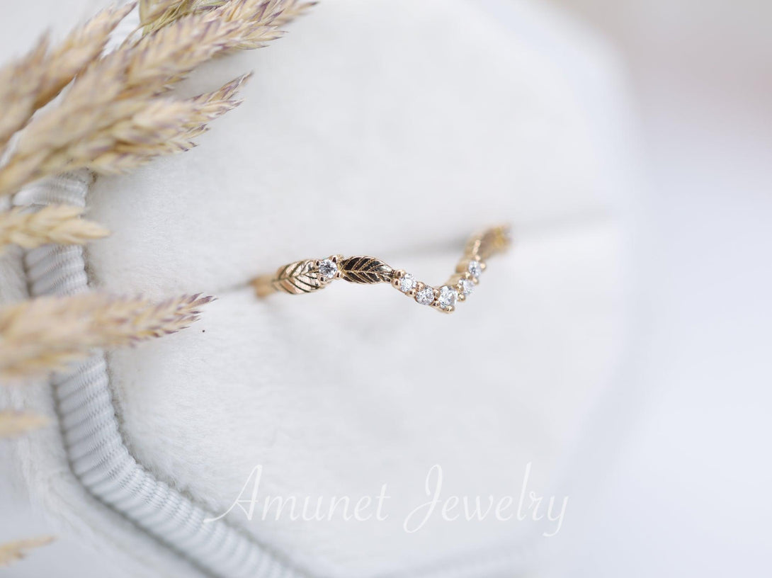 Beautiful curved leaf ring, diamond band, wedding band, woman diamond ring, unique engagement ring, leaf ring, - Amunet Jewelry