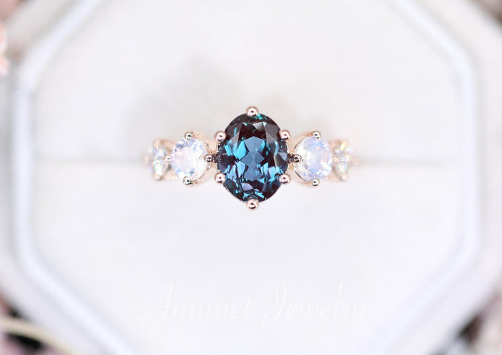 Engagement ring,Chatham alexandrite stone, cluster ring, moonstone, Charles & Colvard moissanite. - Amunet Jewelry
