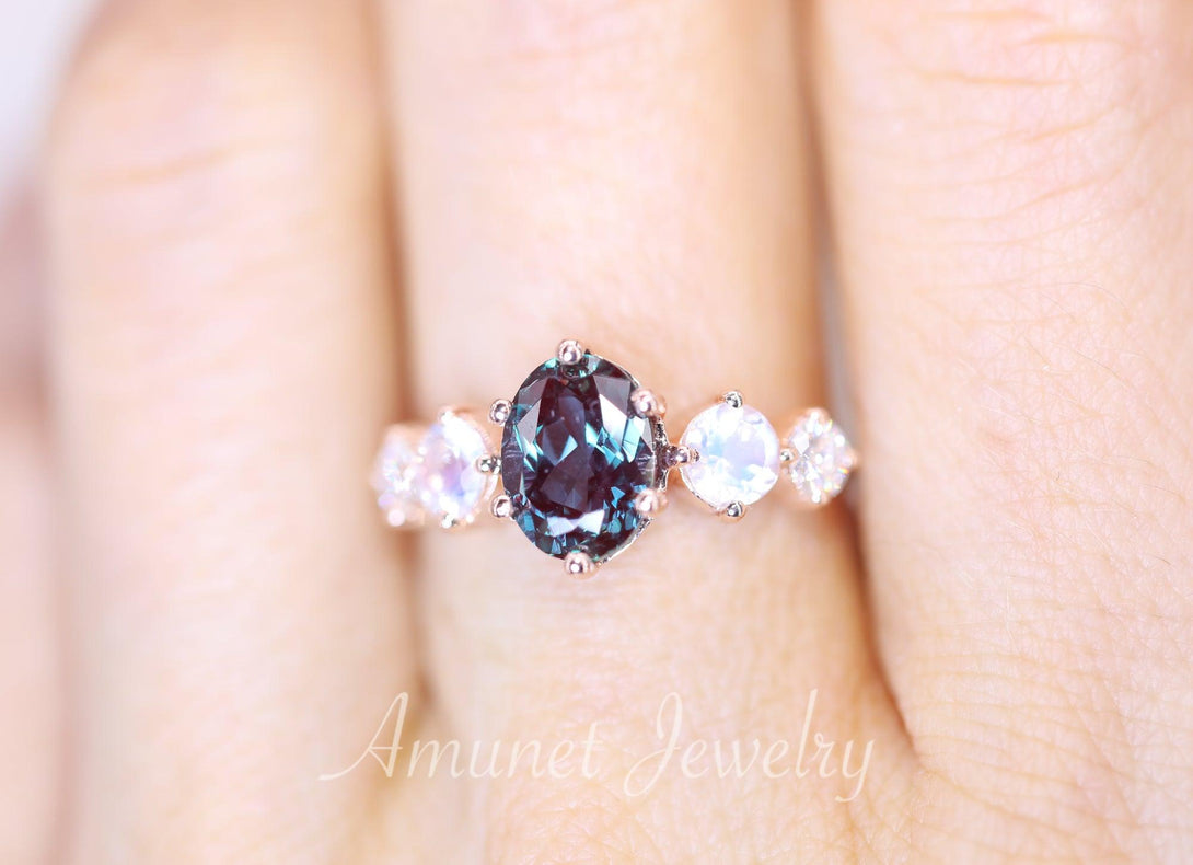 Engagement ring,Chatham alexandrite stone, cluster ring, moonstone, Charles & Colvard moissanite. - Amunet Jewelry