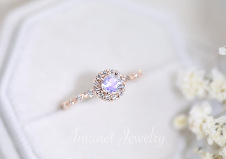 Romantic vintage moonstone halo ring, diamond engagement ring, rainbow moonstone - Amunet Jewelry