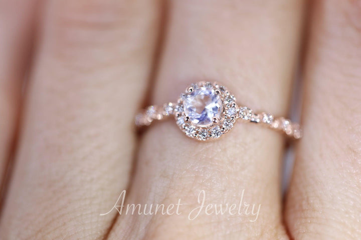 Romantic vintage moonstone halo ring, diamond engagement ring, rainbow moonstone - Amunet Jewelry