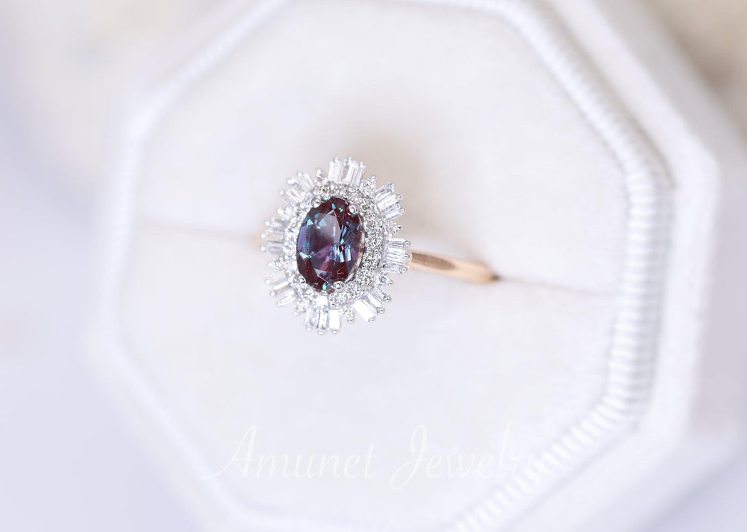Vintage style alexandrite ring, Chatham alexandrite, baguette diamond ring, engagement ring, vintage style diamond ring - Amunet Jewelry