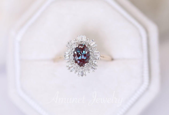 Vintage style alexandrite ring, Chatham alexandrite, baguette diamond ring, engagement ring, vintage style diamond ring - Amunet Jewelry