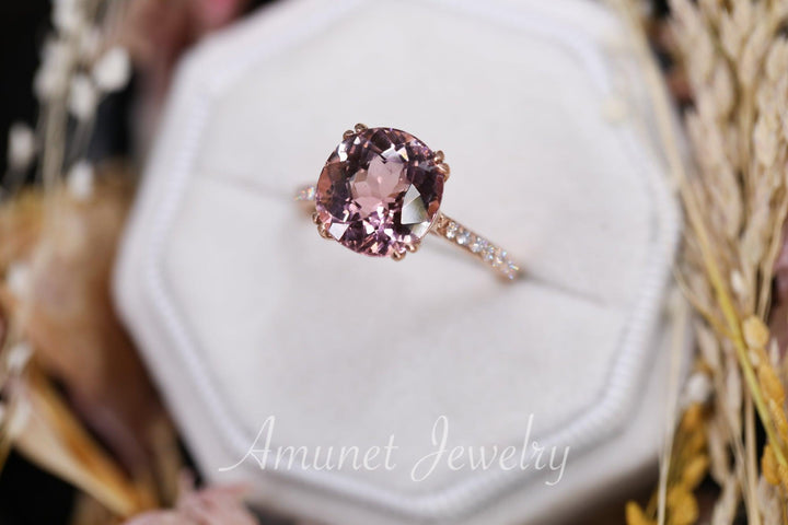 Oval 4.74 carat top luster brownish pink natural tourmaline engagement ring, diamond ring, unique ring, wedding ring - Amunet Jewelry