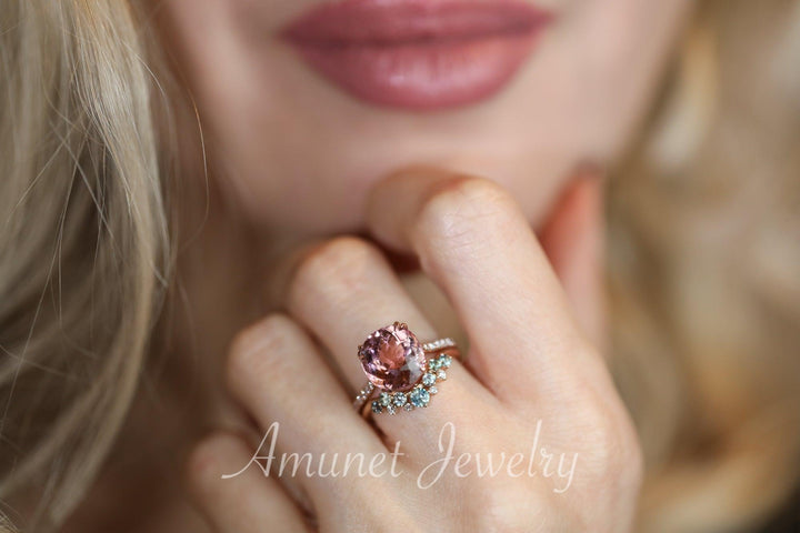 Oval 4.74 carat top luster brownish pink natural tourmaline engagement ring, diamond ring, unique ring, wedding ring - Amunet Jewelry