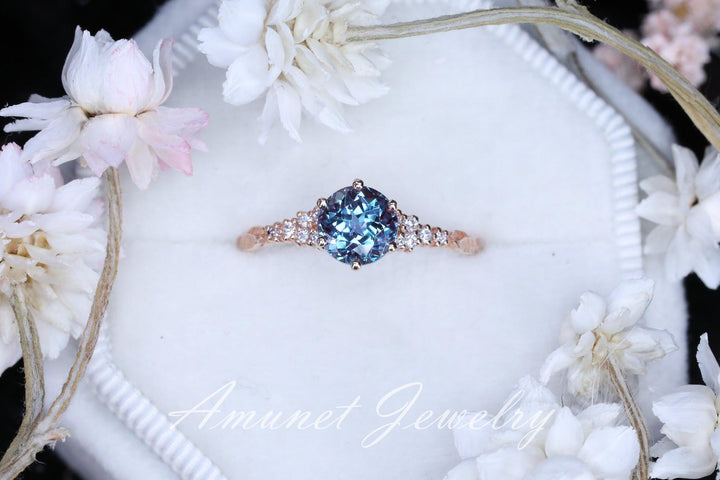 Chatham alexandrite  ring, round alexandrite ring, Chatham alexandrite engagement ring, unique ring, leaf ring. - Amunet Jewelry