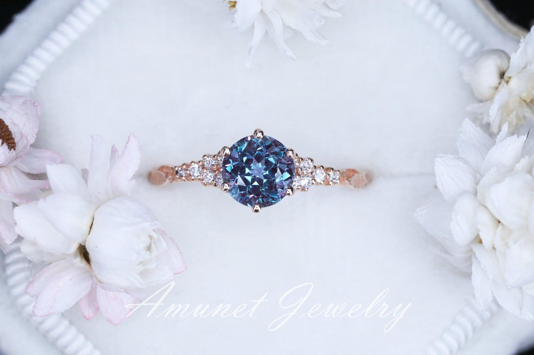 Chatham alexandrite  ring, round alexandrite ring, Chatham alexandrite engagement ring, unique ring, leaf ring. - Amunet Jewelry