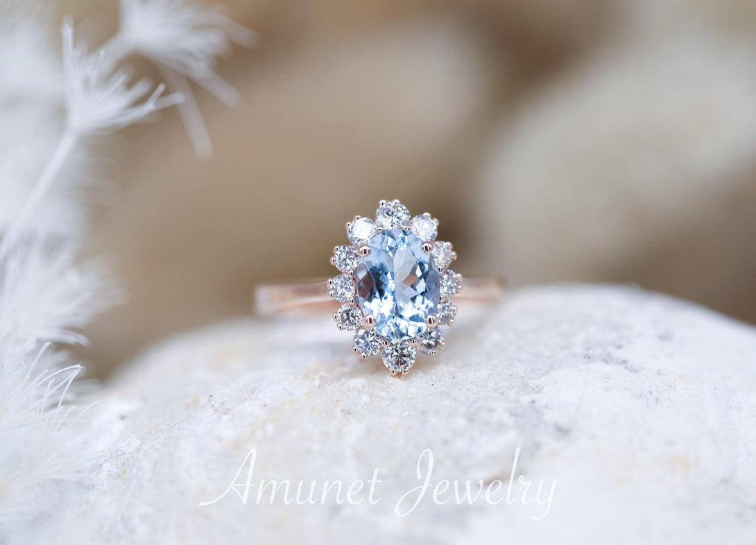 Oval Aquamarine Engagement Ring in Halo of surrounding Diamonds, engagement ring, - Amunet Jewelry