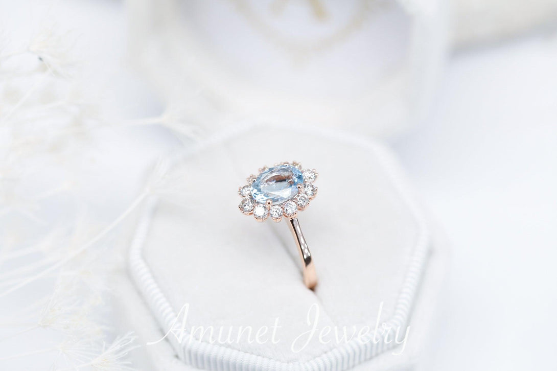 Oval Aquamarine Engagement Ring in Halo of surrounding Diamonds, engagement ring, - Amunet Jewelry