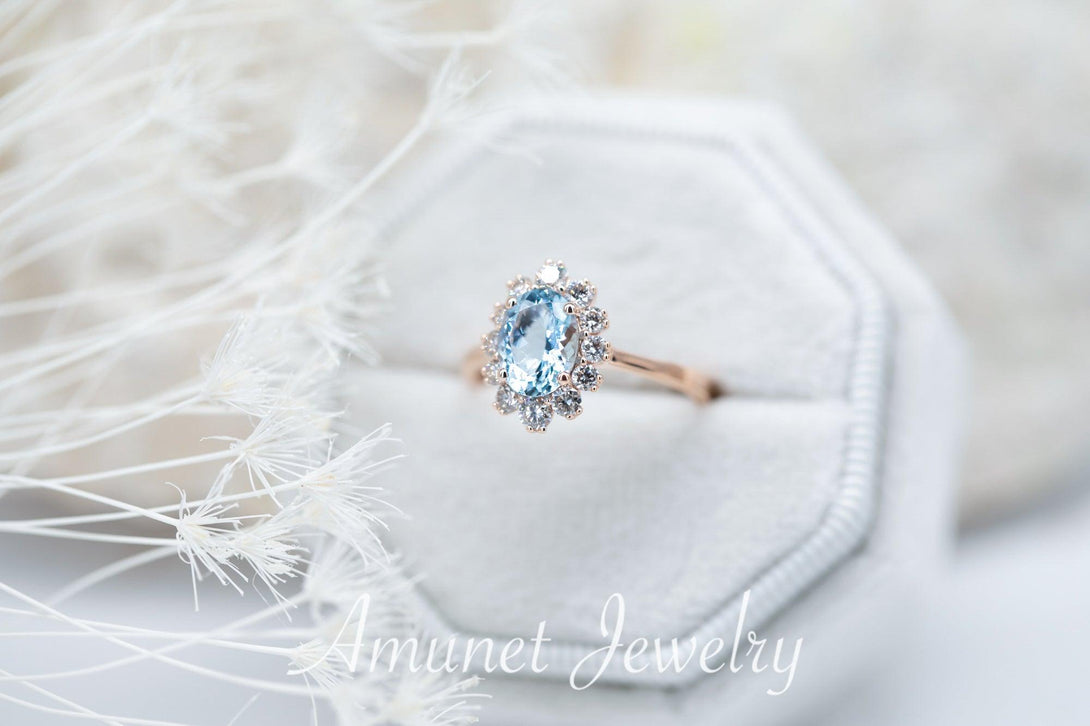 Oval Aquamarine Engagement Ring in Halo of surrounding Diamonds, engagement ring, - Amunet Jewelry