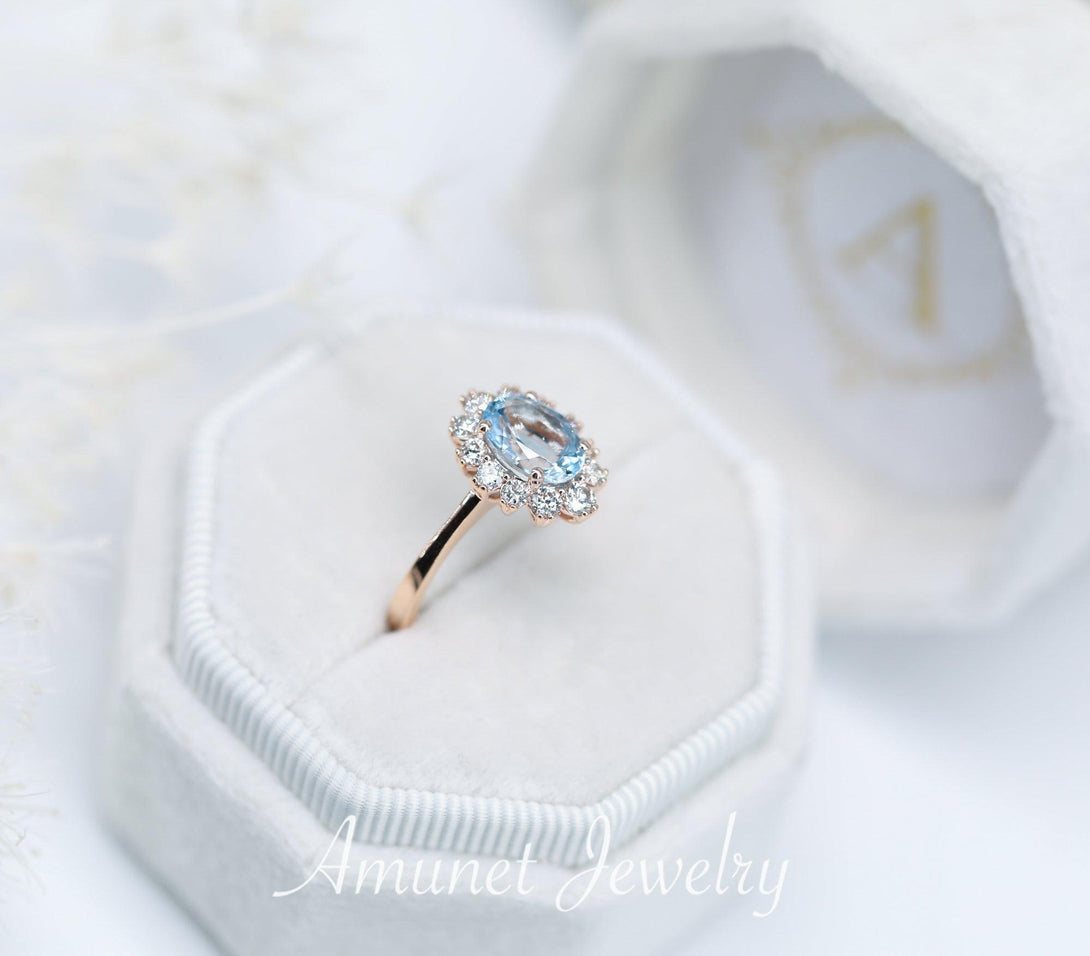 Oval Aquamarine Engagement Ring in Halo of surrounding Diamonds, engagement ring, - Amunet Jewelry