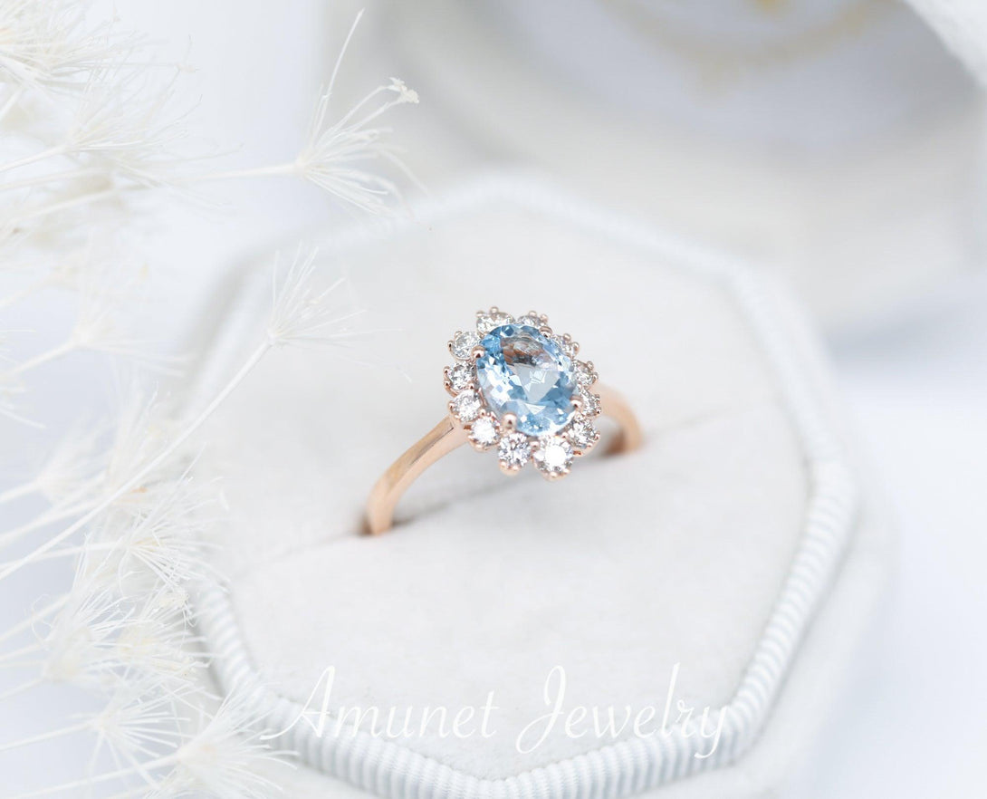 Oval Aquamarine Engagement Ring in Halo of surrounding Diamonds, engagement ring, - Amunet Jewelry