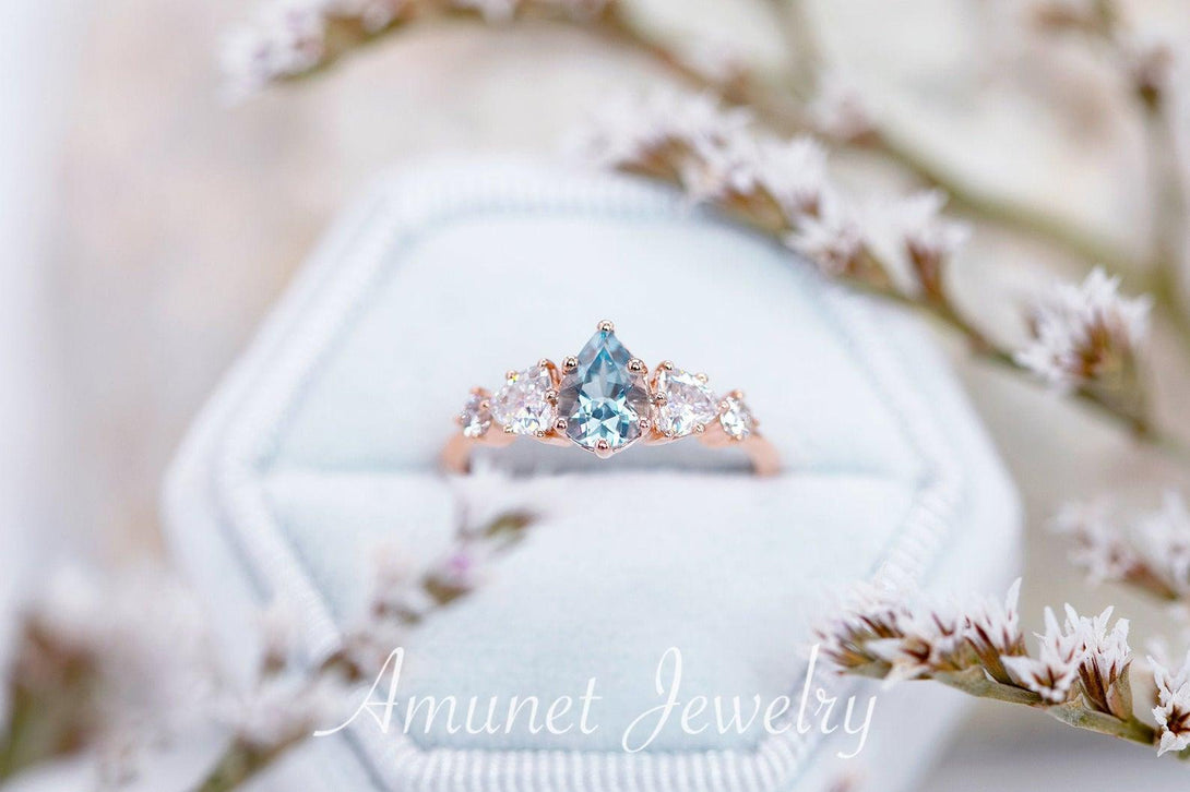 Engagement ring with a aquamarine and trillion moissanites, Charles & Colvard moissanites,cluster ring - Amunet Jewelry