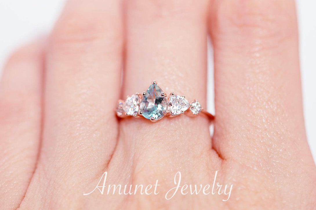 Engagement ring with a aquamarine and trillion moissanites, Charles & Colvard moissanites,cluster ring - Amunet Jewelry