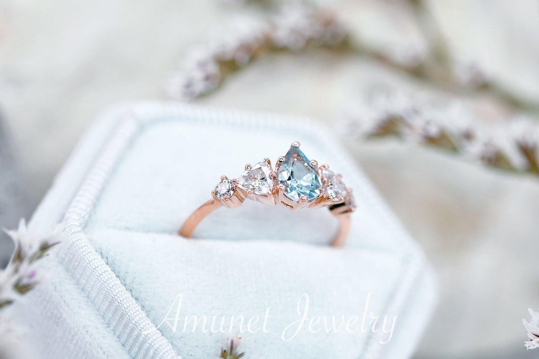 Engagement ring with a aquamarine and trillion moissanites, Charles & Colvard moissanites,cluster ring - Amunet Jewelry