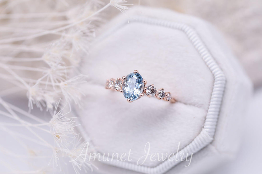 Beautiful oval aquamarine engagement ring with white diamonds, blue aquamarine ring, engagement ring - Amunet Jewelry