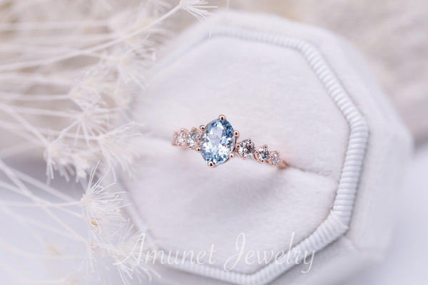 Beautiful oval aquamarine engagement ring with white diamonds, blue aquamarine ring, engagement ring - Amunet Jewelry