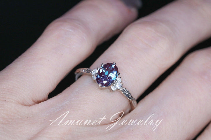 Chatham alexandrite ring, alexandrite cluster ring, Engagement ring Chatham Alexandrite, diamond ring, diamond engagement ring. - Amunet Jewelry