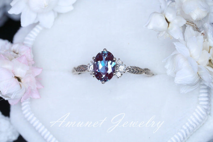 Chatham alexandrite ring, alexandrite cluster ring, Engagement ring Chatham Alexandrite, diamond ring, diamond engagement ring. - Amunet Jewelry