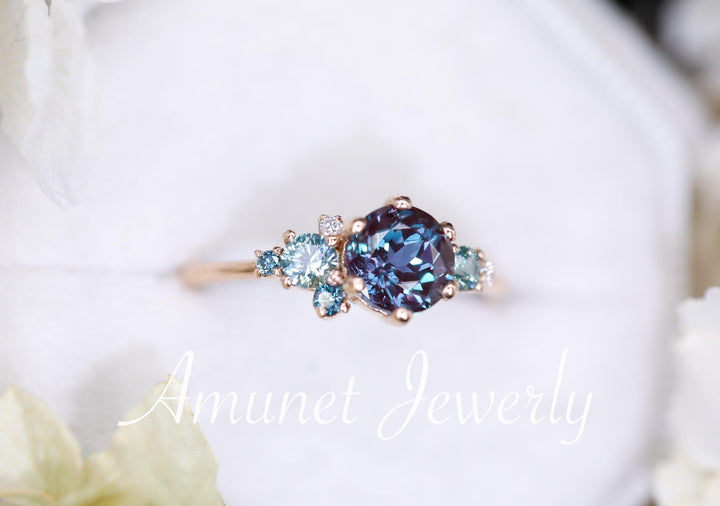 Alexandrite engagement ring,Chatham alexandrite ring,alexandrite cluster ring, unique engagement ring - Amunet Jewelry