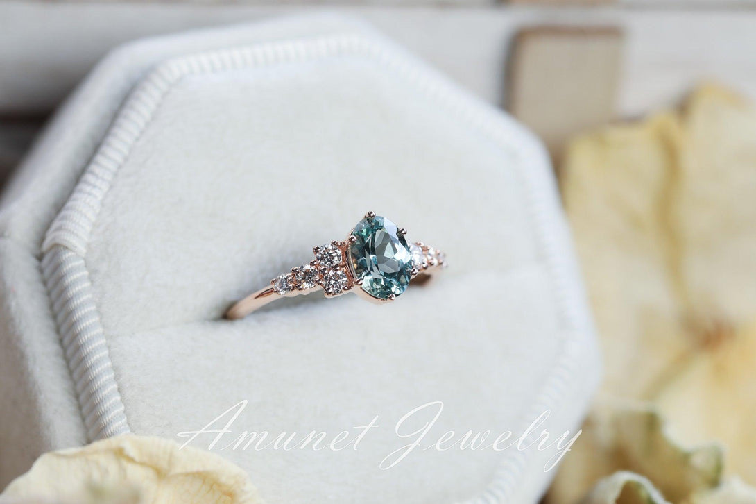 Teal sapphire ring,Montana sapphire ring, oval sapphire engagement ring,unique ring. - Amunet Jewelry