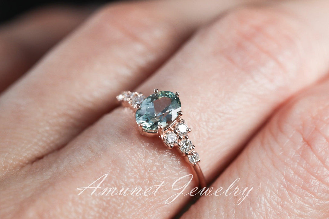 Teal sapphire ring,Montana sapphire ring, oval sapphire engagement ring,unique ring. - Amunet Jewelry