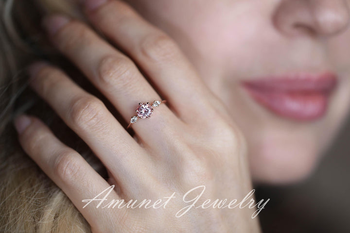 Peach sapphire engagement ring, round sapphire ring, chatham sapphire ring, unique engagement ring - Amunet Jewelry
