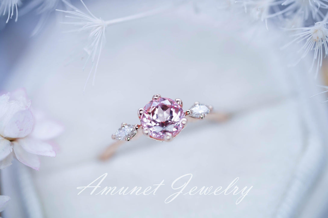 Peach sapphire engagement ring, round sapphire ring, chatham sapphire ring, unique engagement ring - Amunet Jewelry