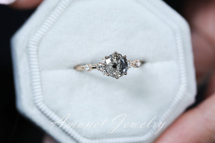 Salt&pepper diamond ring,diamond engagement ring,saltandpepper cluster ring,unique ring. - Amunet Jewelry