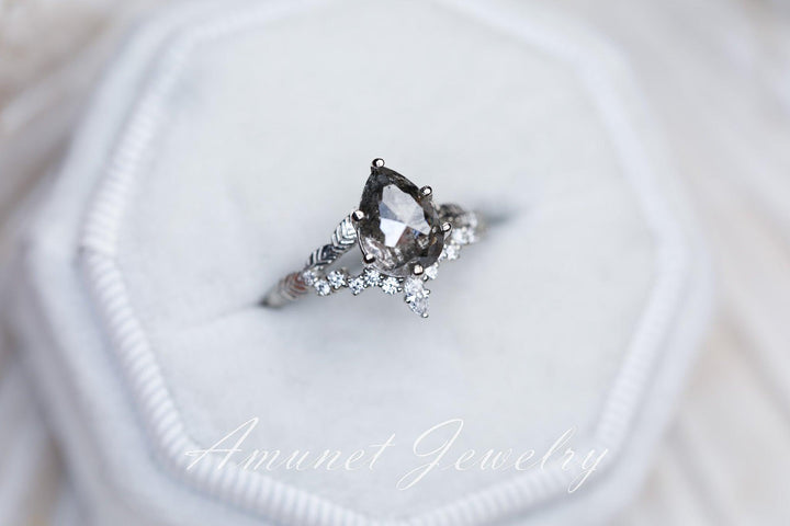 Salt and pepper diamond ring, engagement ring, leaf design ring,unique ring. - Amunet Jewelry
