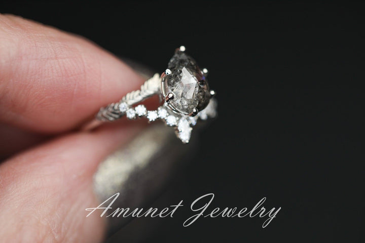 Salt and pepper diamond ring, engagement ring, leaf design ring,unique ring. - Amunet Jewelry