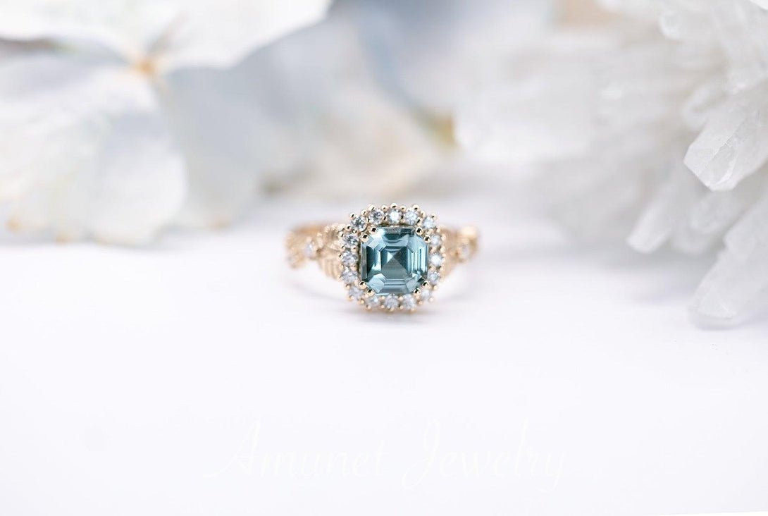 Engagement ring with asscher cut teal sapphire, leaf design ring, sapphire ring,  diamond ring. nature inspired ring - Amunet Jewelry