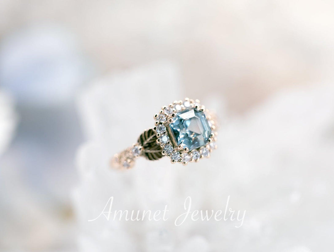 Engagement ring with asscher cut teal sapphire, leaf design ring, sapphire ring,  diamond ring. nature inspired ring - Amunet Jewelry