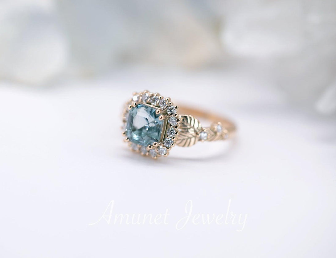 Engagement ring with asscher cut teal sapphire, leaf design ring, sapphire ring,  diamond ring. nature inspired ring - Amunet Jewelry