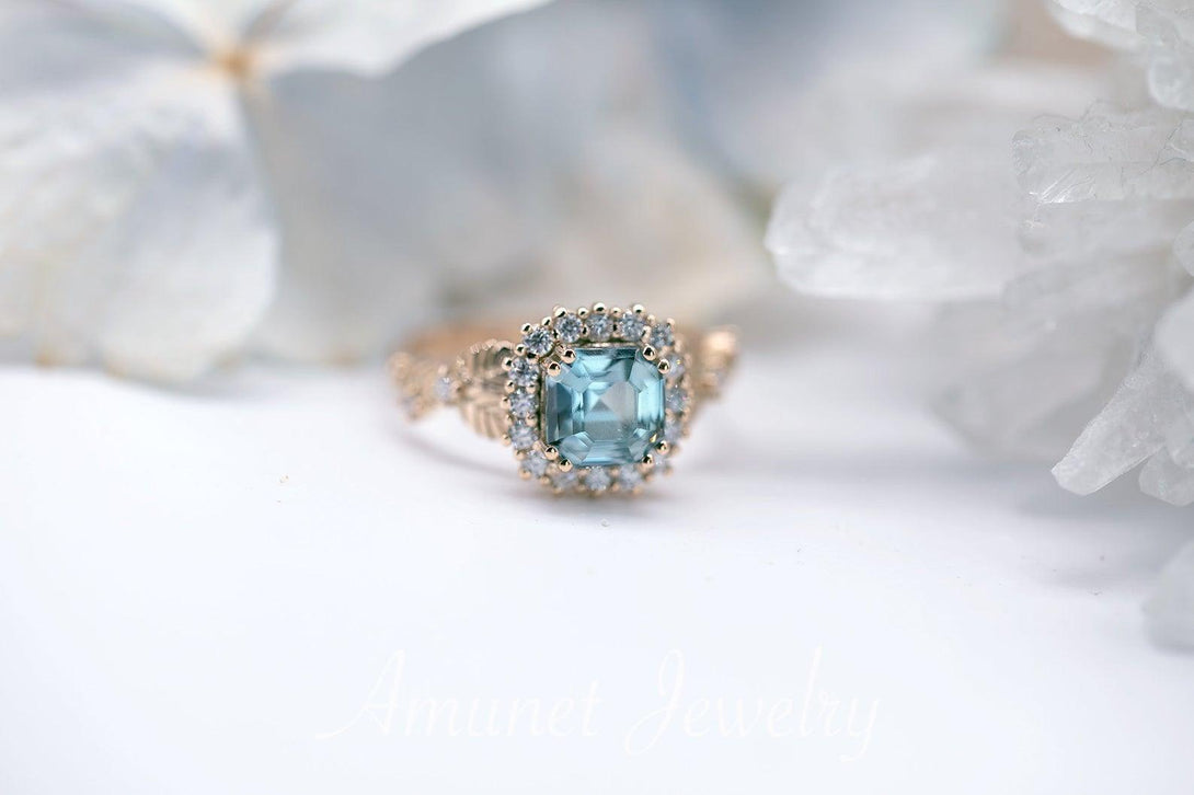 Engagement ring with asscher cut teal sapphire, leaf design ring, sapphire ring,  diamond ring. nature inspired ring - Amunet Jewelry