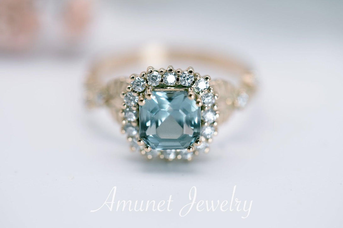 Engagement ring with asscher cut teal sapphire, leaf design ring, sapphire ring,  diamond ring. nature inspired ring - Amunet Jewelry