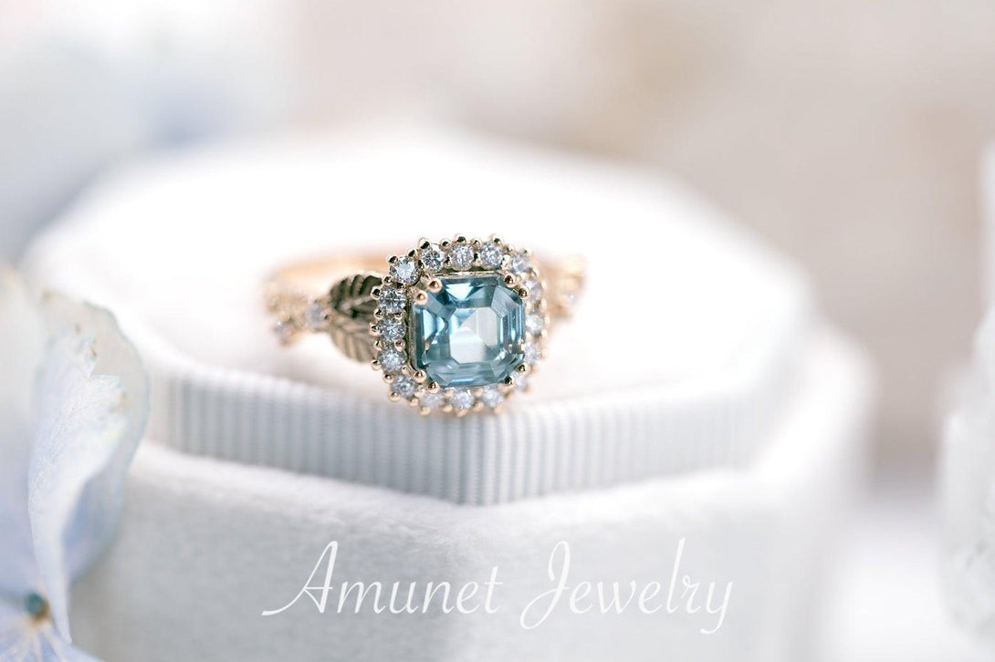 Engagement ring with asscher cut teal sapphire, leaf design ring, sapphire ring,  diamond ring. nature inspired ring - Amunet Jewelry