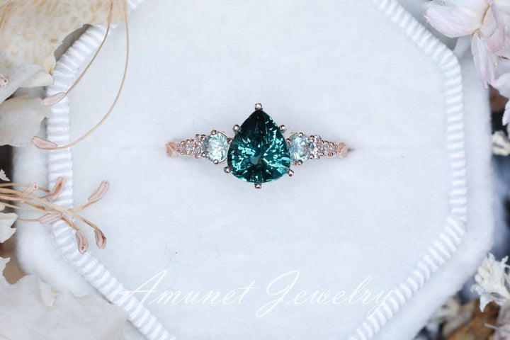 Teal green sapphire ring,Madagascar sapphire ring, pear sapphire ring, diamond ring, engagement ring - Amunet Jewelry