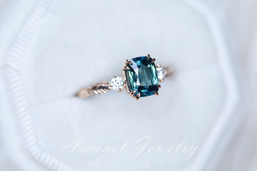 Teal Sapphire ring,blue green sapphire engagement ring, unique ring, Madagascar sapphire ring. - Amunet Jewelry