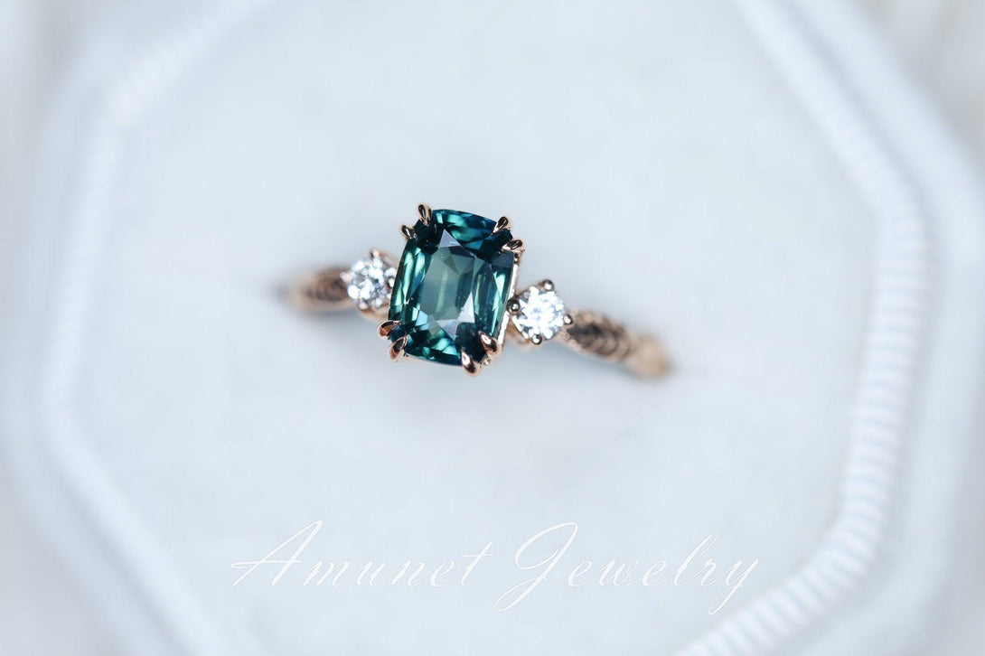 Teal Sapphire ring,blue green sapphire engagement ring, unique ring, Madagascar sapphire ring. - Amunet Jewelry