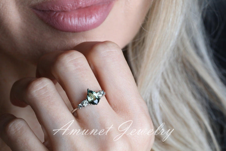 Green sapphire ring,Madagascar sapphire ring, montana sapphire ring, diamond ring, engagement ring - Amunet Jewelry