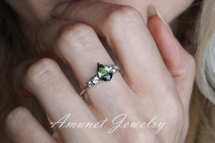 Green sapphire ring,Madagascar sapphire ring, montana sapphire ring, diamond ring, engagement ring - Amunet Jewelry