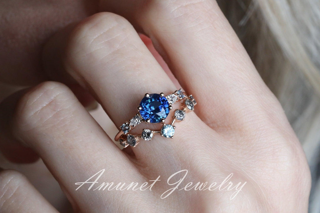 Blue Sapphire ring,sapphire engagement ring, blue sapphire cluster ring,unique ring. - Amunet Jewelry