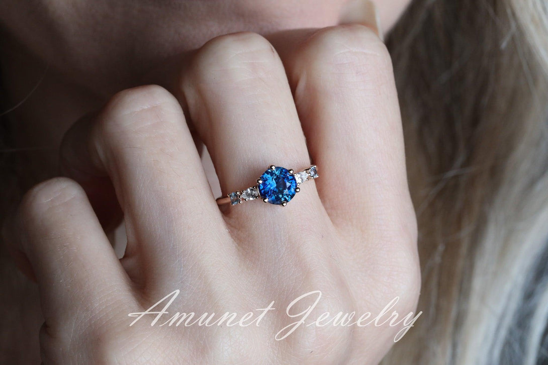 Blue Sapphire ring,sapphire engagement ring, blue sapphire cluster ring,unique ring. - Amunet Jewelry