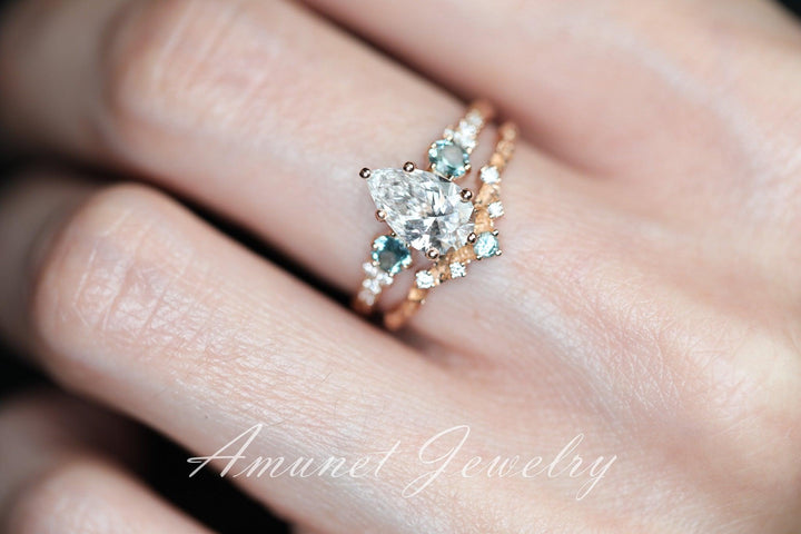 Pear diamond ring, engagement ring,lab diamond ring,cluster ring, leaf design ring,unique ring. - Amunet Jewelry