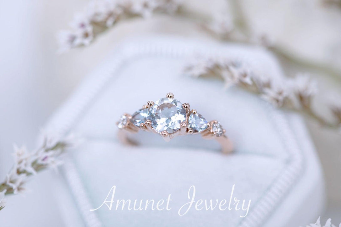 Beautiful timeless aquamarine ring, engagement ring, cluster ring, trillion ring - Amunet Jewelry