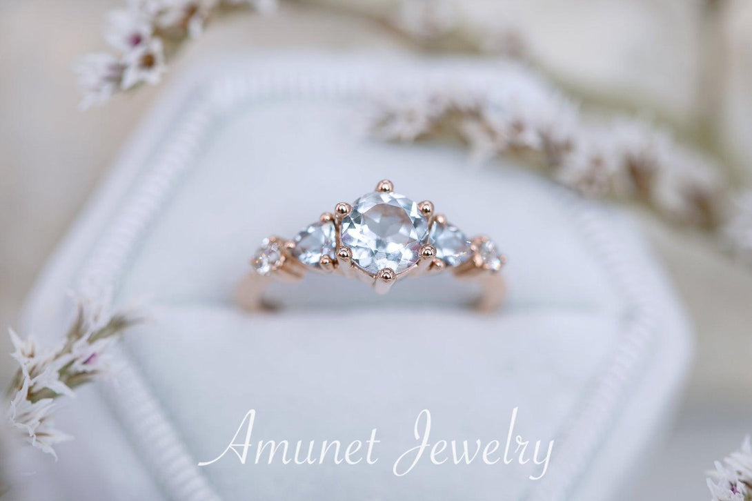 Beautiful timeless aquamarine ring, engagement ring, cluster ring, trillion ring - Amunet Jewelry